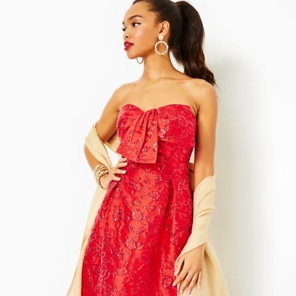 Lilly Pulitzer Kataleya strapless floral Jaquard dress in Amaryllis Red. - Picture 4 of 5